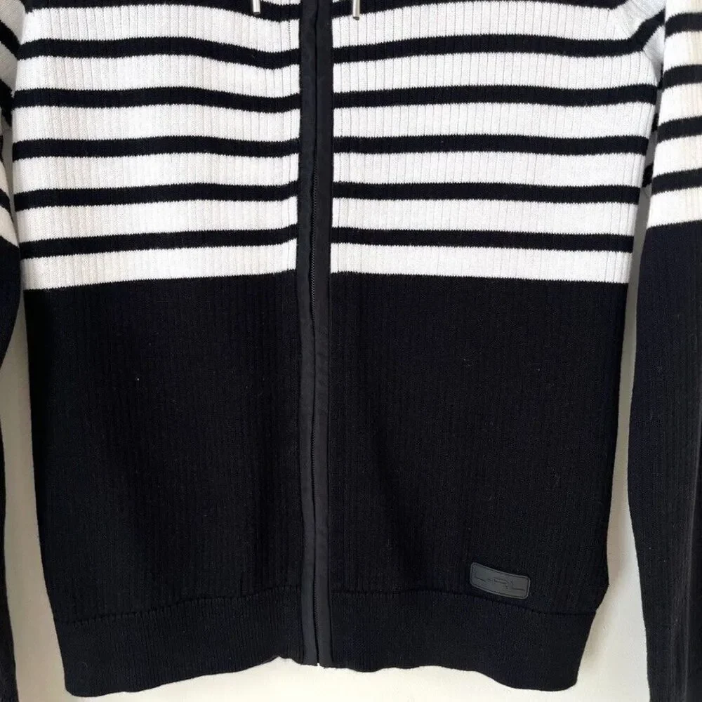 Lauren Ralph Lauren Zip Up Sweater Jacket Sz L Pink Black White Striped Cotton